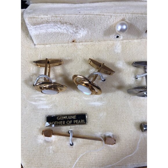 Vintage Stacy Cufflinks Tie Clips Set Mother Of Pearl Rhinestone Details Mens - Picture 7 of 16